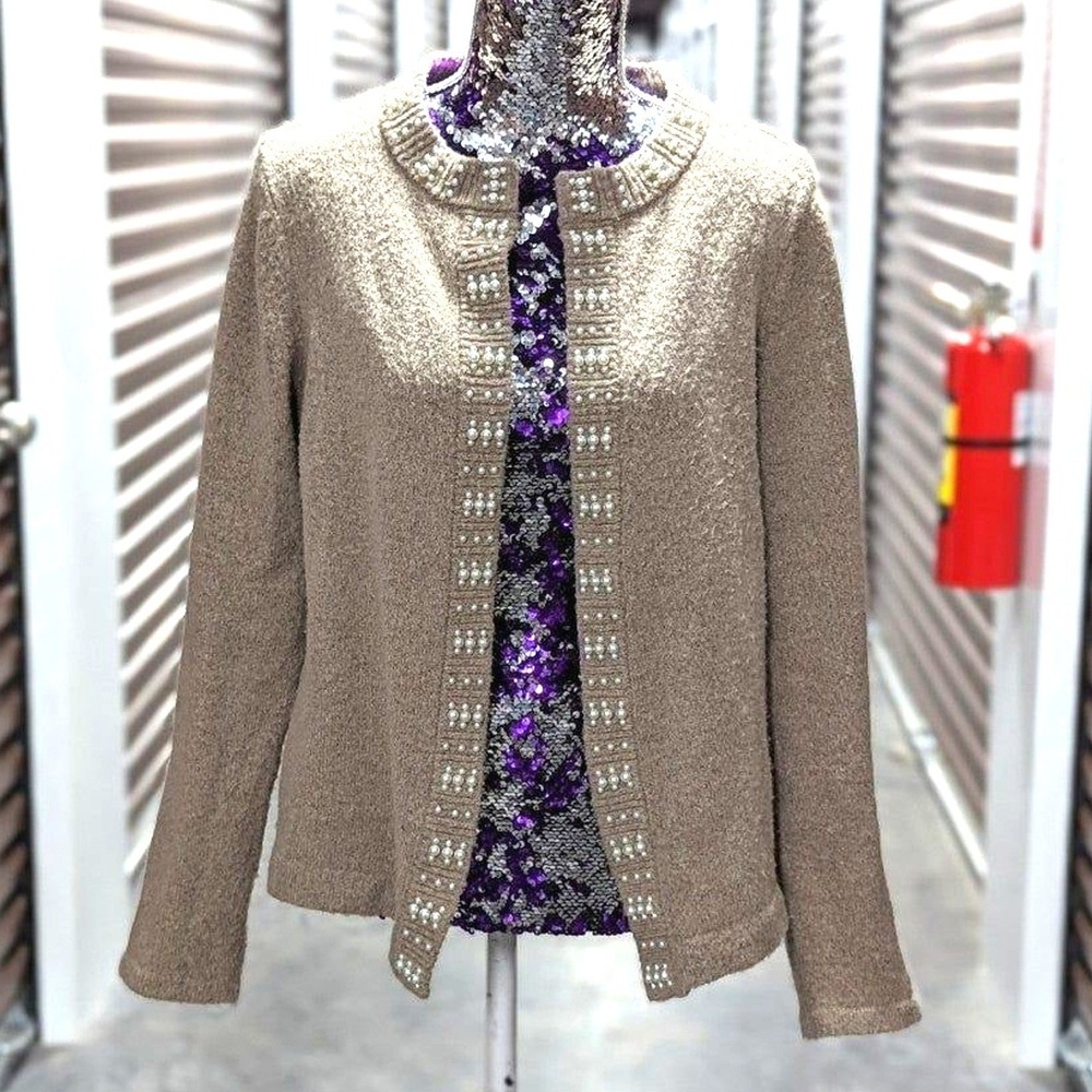 Old Money Preppy Pearl Studded‎ Open Front Cardigan Sweater Ann Taylor M